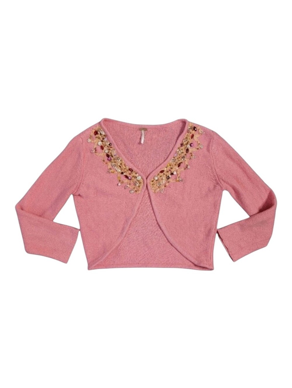 Free People Coral Jeweled Seashell Neckline Cropped Cardigan Coastal Beachy XS